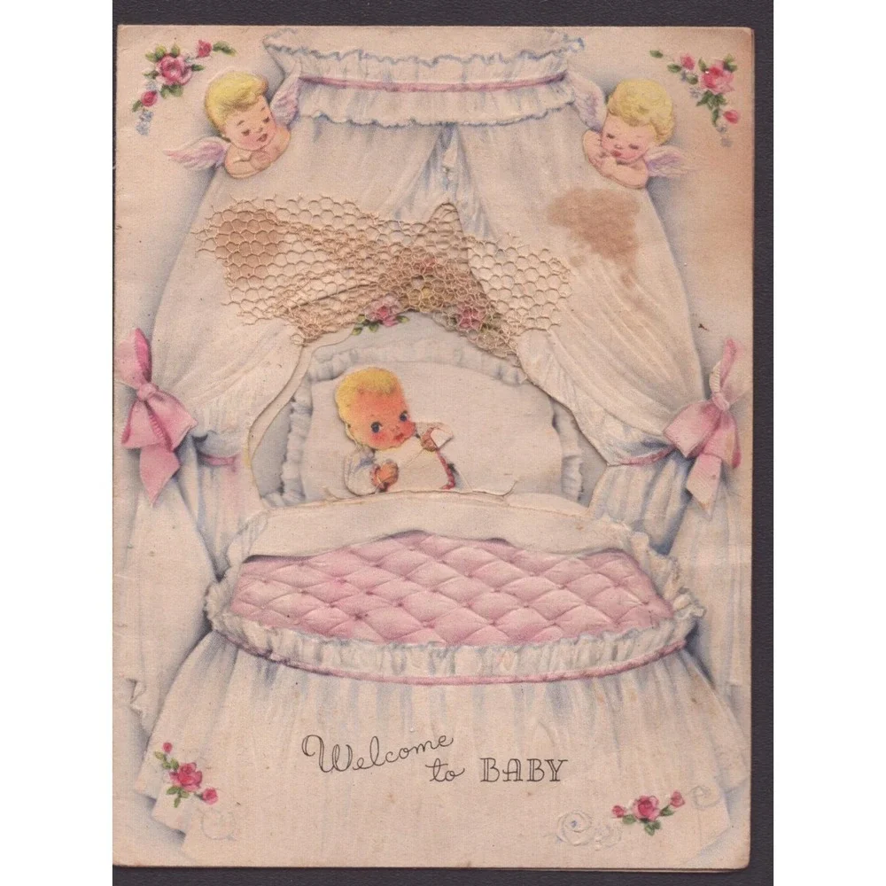 Vintage 1940s-50s Welcome to Baby Greeting Card Die Cut Cherubs Ribbon USA